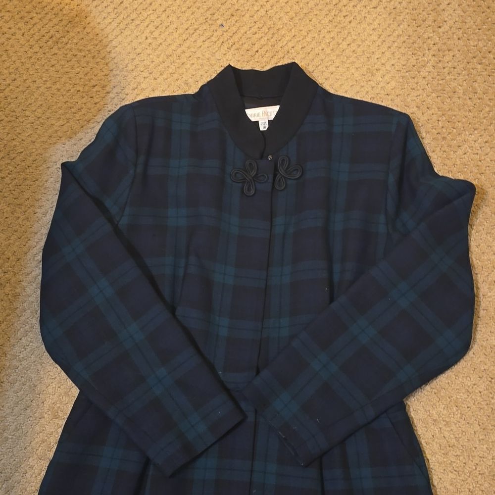 90's Barrie Pace Ltd Green Black Lined Fine Wool Dress w Pockets size 16 - Picture 3 of 11
